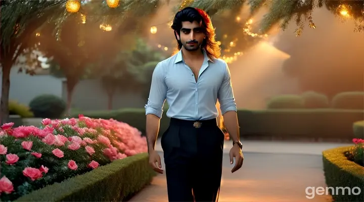 wide shot in a lush garden filled with fragrant flowers and twinkling fairy lights. A handsome Pakistani man, dressed in a fitted black shirt and light blue jeans, strolls along a winding path when he spots a cute beautiful Pakistani woman coming toward him from the opposite direction. She wears a form-fitting shiny red blouse paired with a high-waisted white skirt. As they lock eyes for the first time, she blushes and lowers her gaze, a shy smile appearing on her face. The Pakistani man is mesmerized, enchanted by her charm as the romantic ambiance of the garden surrounds them.