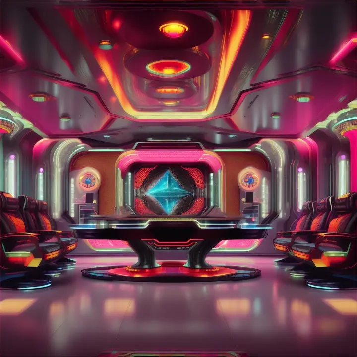 retro futurista decoración, escenarios film 1968s Barbarella  ultra realista, filtro retro vintage