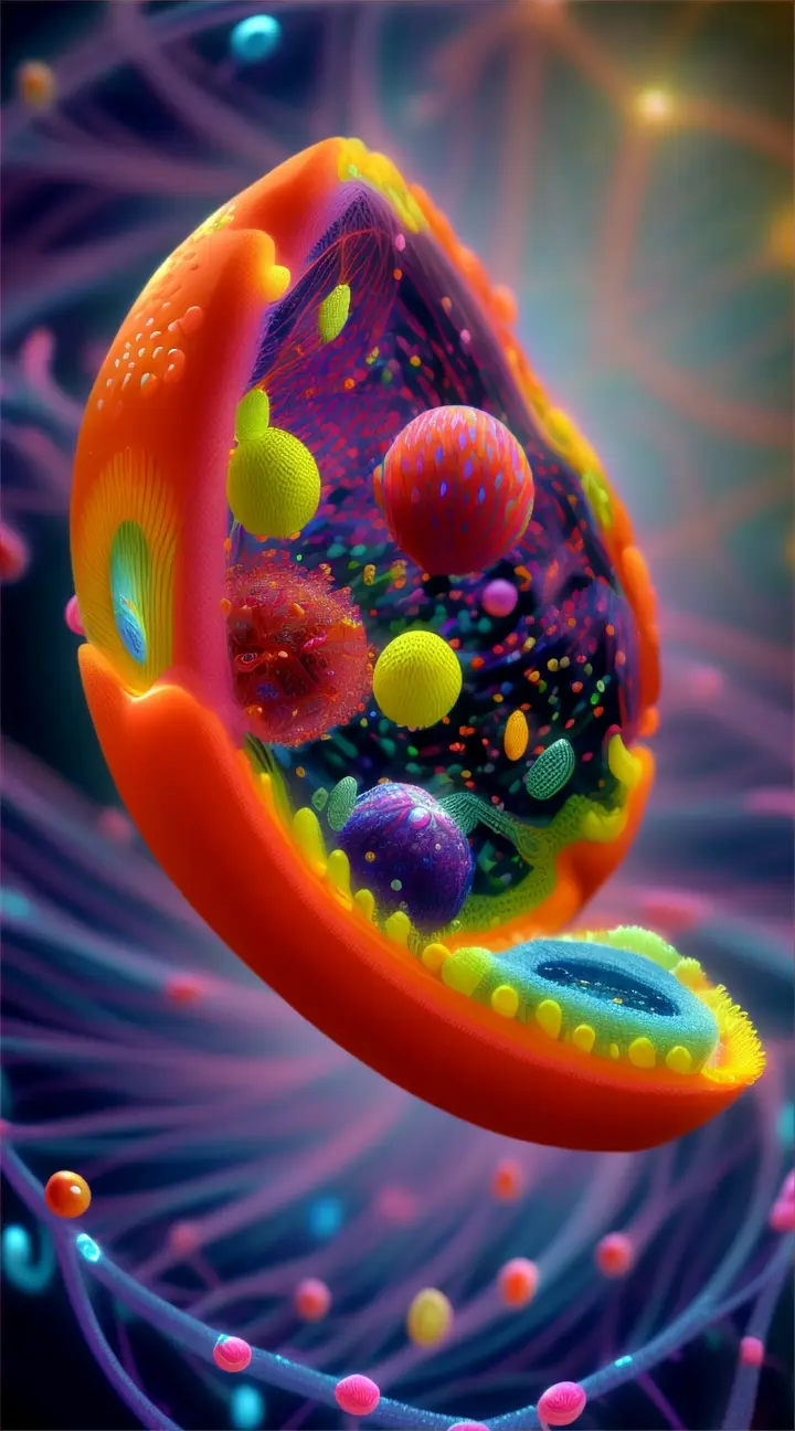 Create a 3d brilliant and colorful design of the inter life of a single cell demonstrated beautifully 