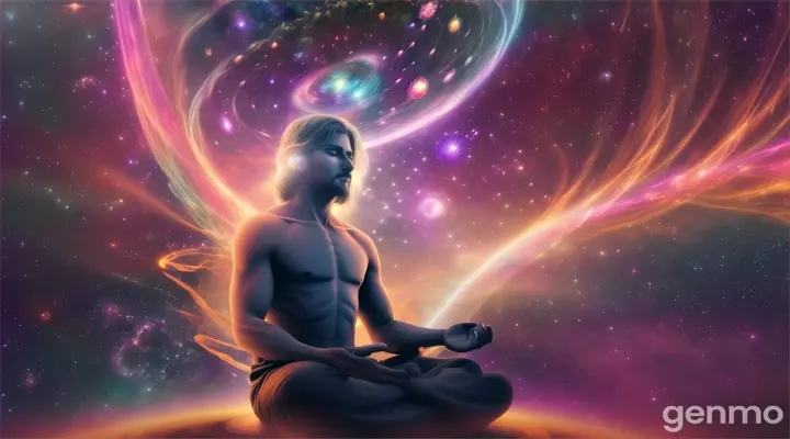 Mystical man in the middle of the universe Astral body, halo, deep meditation, Etéric atmosphere, Aurico