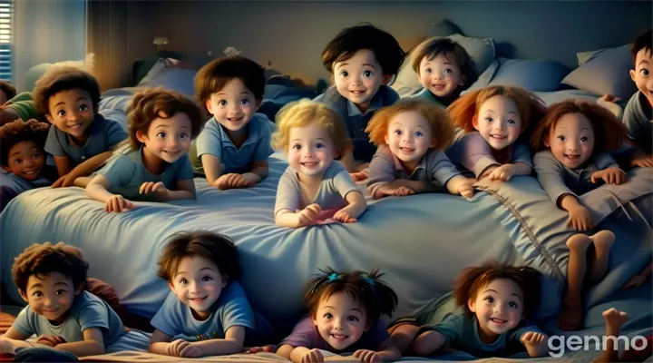 a group of 10 children laying on top of a bed