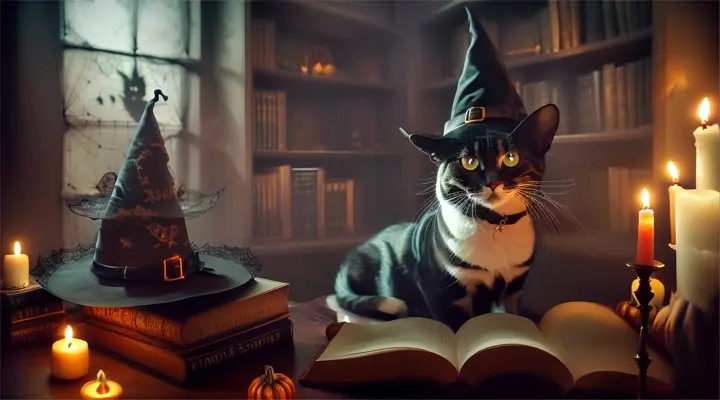 blind cat, witch room, halloween