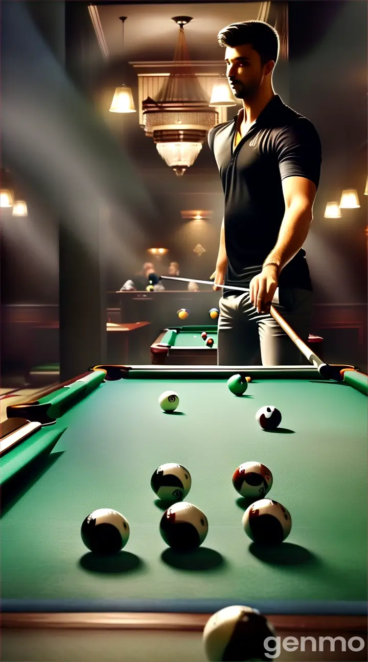 billiard room, table, pool player, billiard table, billiard ball, cue stick, billiards, An intense break shatters the calm, scattering the balls across the table. The perfect start to a high-stakes game of pool.
