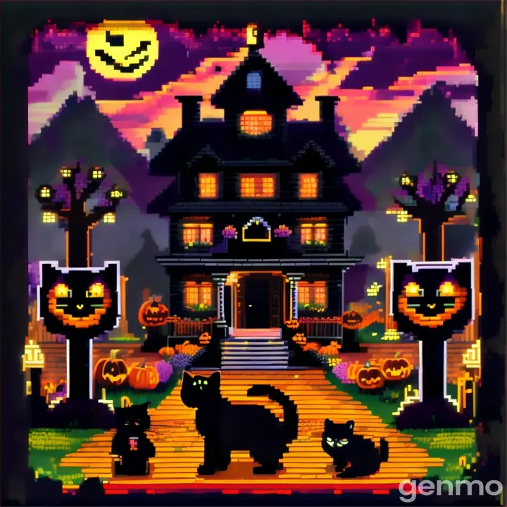 a pixel black cat at a halloween house