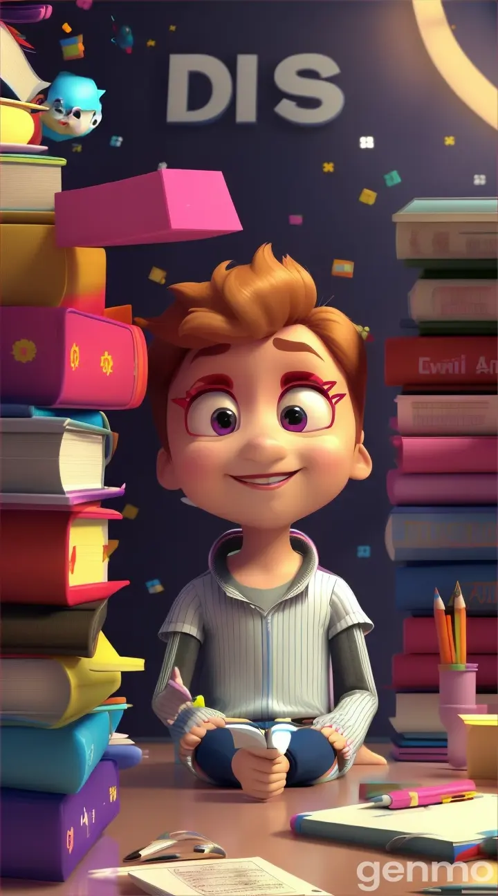 PUpu sitting attentively at a tiny desk with stacked books, surrounded by school supplies, 9:16 ratio animated 3d illustrative story for kids