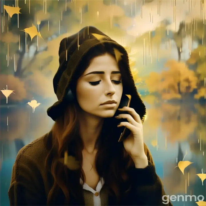 A woman standing on the edge of a foggy lake with golden leaves swirling around her, talking on the phone