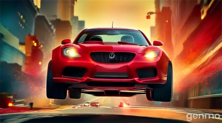 a red car is flying through the air two big eyes