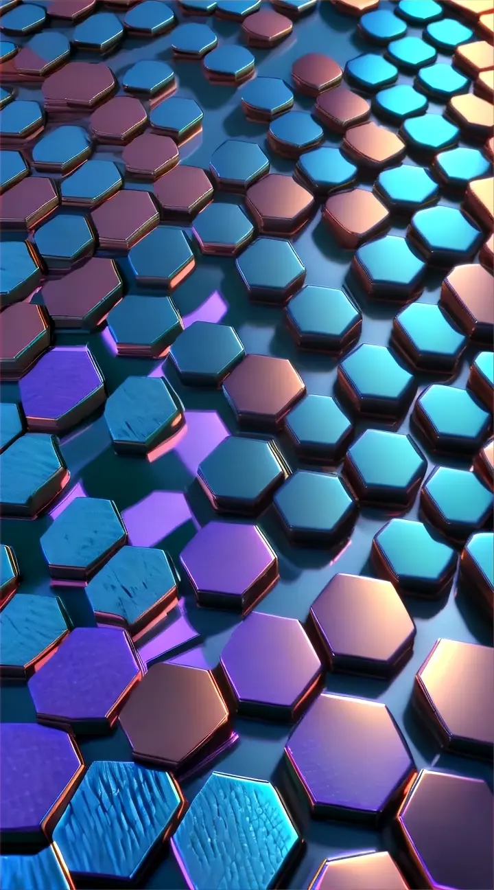 a close up of a shiny surface with hexagonal shapes