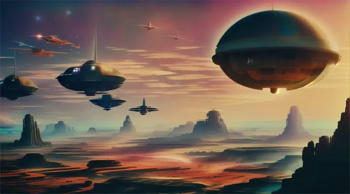 A watercolor painting of a dystopian jungle prehistórica landscape with  and a vintage retro-futuristic spaceship in the sky, inspired by 1960s sci-fi aesthetics