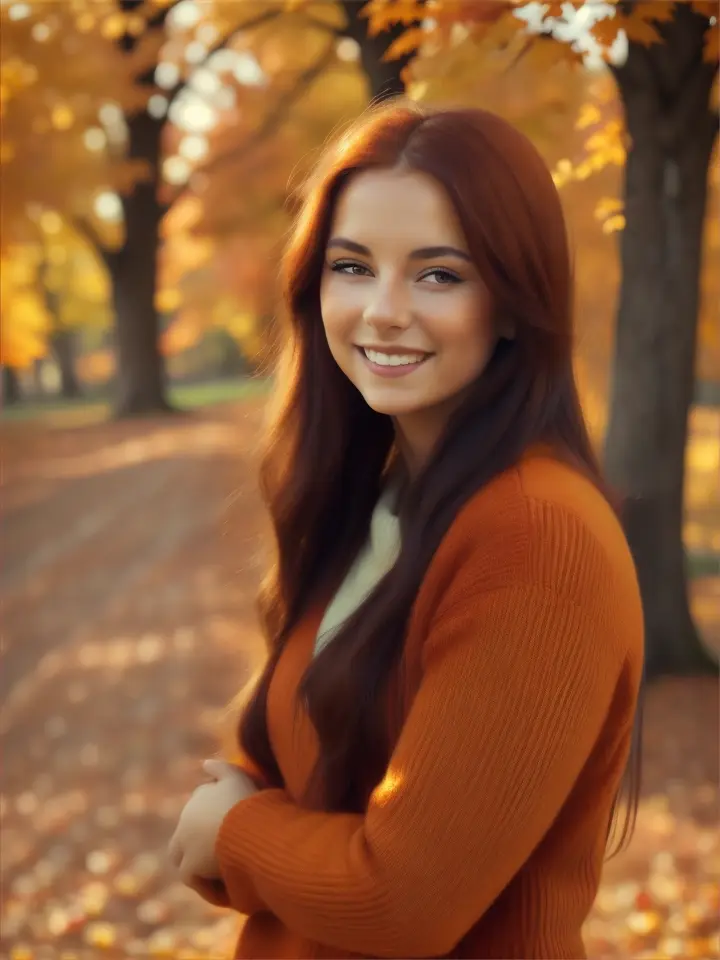 Portrait of a smiling woman radiating stunning beauty surrounded by an autumnal setting, her gaze cheerfully meeting the camera lens, fall foliage in hues of orange, red, and gold providing a vibrant backdrop, hair caught in a gentle breeze, natural light casting a warm glow on her face, ultra clear, digital painting.