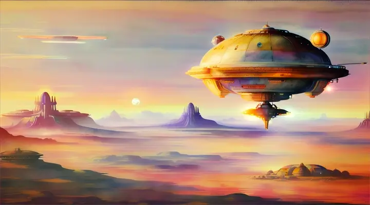 A watercolor painting una nave extraterrestre en forma de tetera de té abandonada  en un paisaje solitario desértico prehistórico abandonado inspired by  sci-fi 1960s aesthetics of a dystopian jungle prehistórica landscape with  and a vintage retro-futuristic spaceship in the sky, inspired by 1960s 