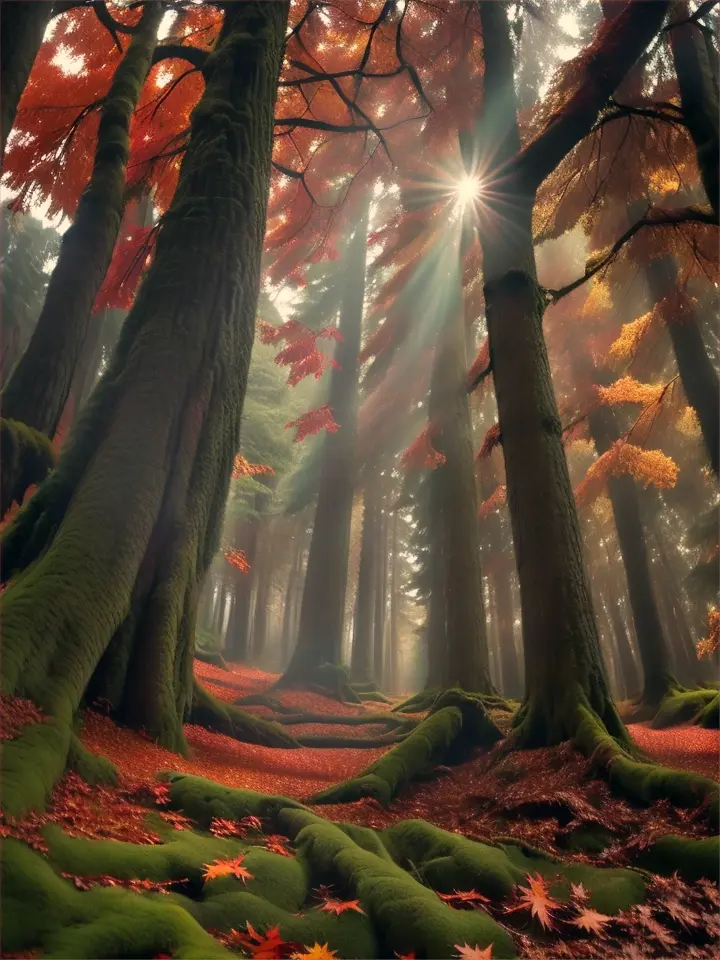 Low angle photography of a forest with tall trees with green and vivid red leaves. The trees are arranged in a radial pattern, creating a sense of depth and dimension.In the center of the image, there is a tall tree with a thick trunk that is covered in moss and lichen. The tree  is surrounded by fallen leaves, which are scattered around the base of the tree and are a mix of orange, red, and yellow. The sky is visible through the trees, the sun rayes is shining and break through the leaves . vivid colors.The overall mood of the photo is peaceful and serene.