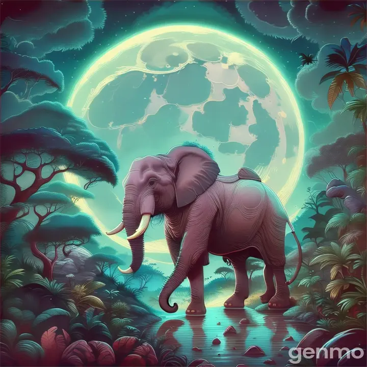 a painting of an elephant in a jungle with a full moon in the background