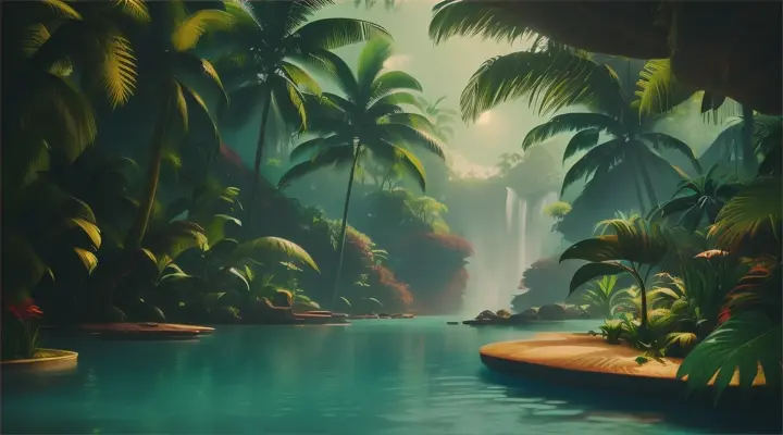 A watercolor of a tropical oasis in a stark, futuristic landscape. Contains inspiration from retro sci-fi and jungle visuals