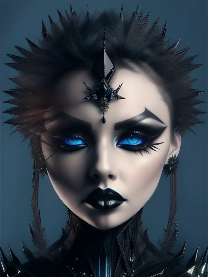 A close-up portrait of a woman adorned with a striking and intricate black headpiece. The headpiece is ornate, featuring sharp, spiky protrusions and a central gemstone. Her eyes are accentuated with bold blue makeup, and her lips are painted a deep shade of black. The background is dark, emphasizing the luminosity of her eyes and the details of her attire. She wears a black lace garment, and the overall tone of the image is both mysterious and captivating.