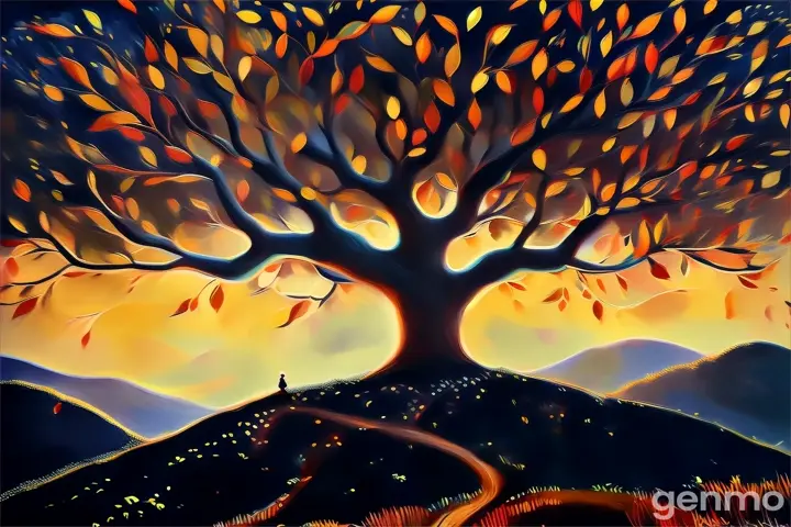 a painting of a tree with a person standing under it