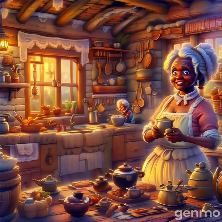 a cartoon of a woman cooking in a kitchen