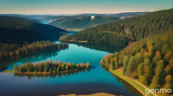 A serenic lakeside. The water is blue but clear to the point you can see the bottom. The surrounding tree line is naturally beautiful and vibrant. Drone shoot of flying towards the center