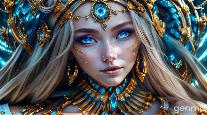 a woman with blue eyes and gold jewelry