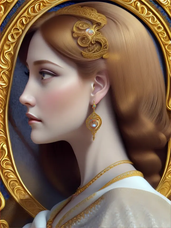 Artwork showing a profile face of a beautiful woman emerging from a white background. Ornate with swirls and gemstones. rich details