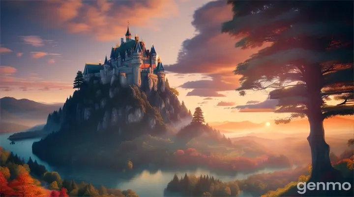 a blue castle in front of a sun rising behind a moutain in the beggining of the day with a forrest around it