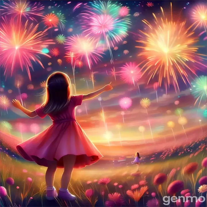 a little girl standing in a field with fireworks