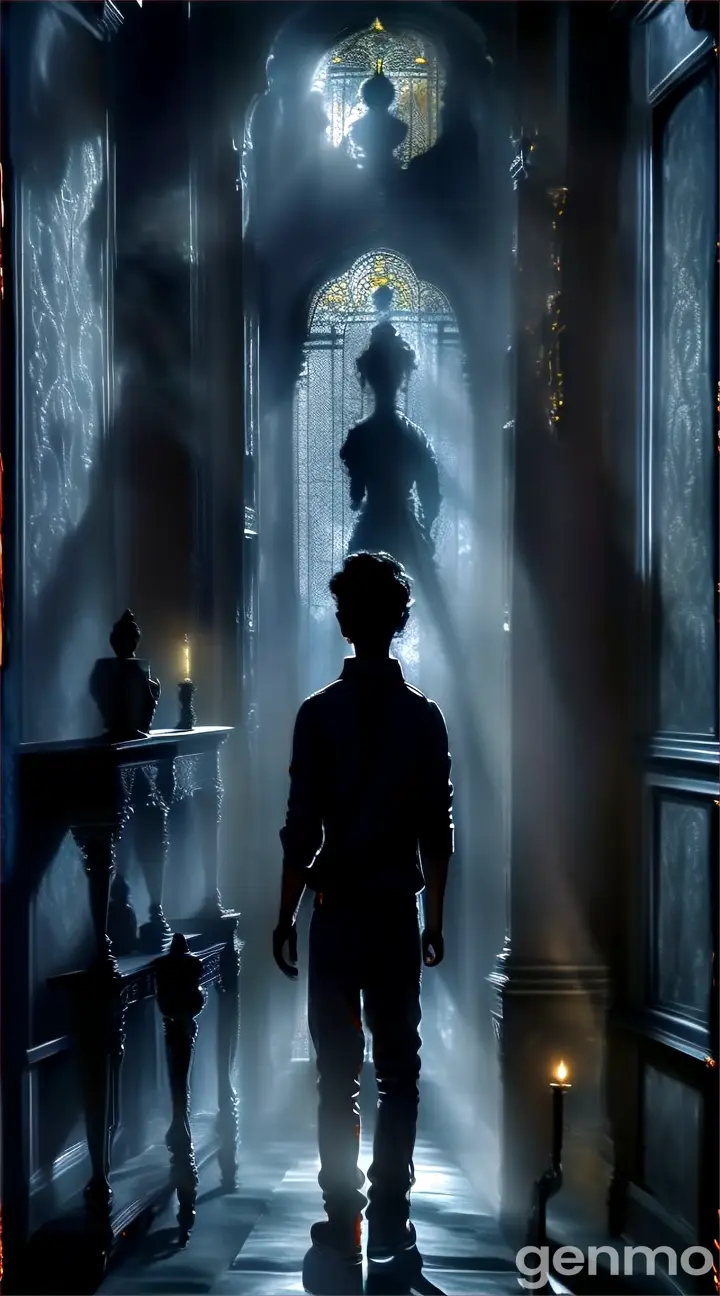 In the dark hallway of the mansion, Arjun stands bravely facing Rukmani, whose ghostly figure looms before him. The air around them is cold, with mist swirling near the floor, and the room is dimly lit by a single flickering candle.