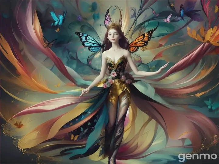 chaos, elegant, vivid colors, art by Anne Bachelier, Atmospheric, a girl, elegant, butterflies, blooming flowers, in motion, Dramatic, full body, organic composition