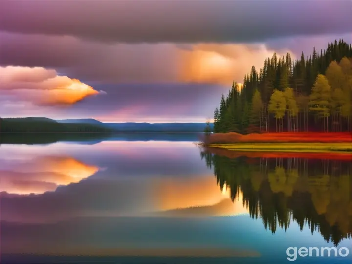 Mirror-like lake reflecting a perfect rainbow after a storm, vivid colors, high-resolution photo