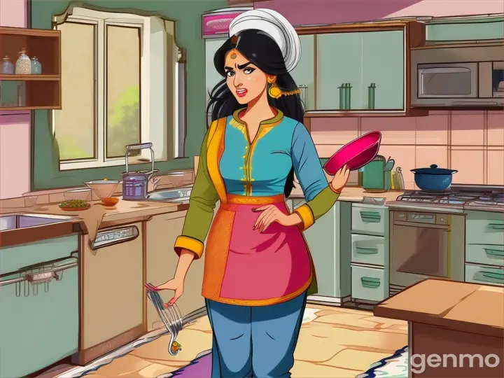 A women in suit salwar upset to see empty container in kitchen cartoon 