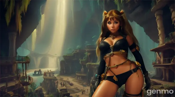 A sweet Young Cave Girl, in skimpy animal skin rags, barefoot, long tangled hair, living in a dense Jungle, Explores the Skeletal Ruins of a futuristic Post Apocalyptic City, in the style of a Retro 1960s Adventure Movie,