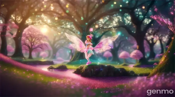  creation of a sparkling forest with pink sparkling fairies  with pink shimmering wings.16:9