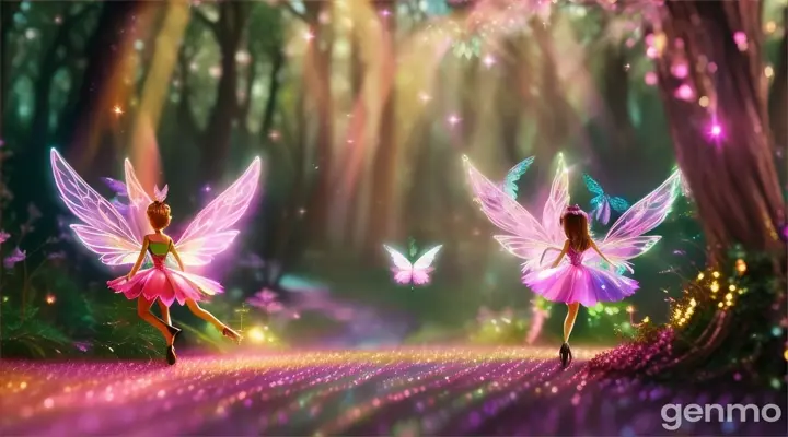  creation of a sparkling forest with pink sparkling fairies  with pink shimmering wings.16:9