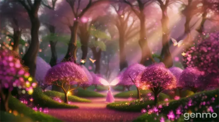  creation of a sparkling forest with pink sparkling fairies  called sparkle flickers with pink shimmering wings.16:9