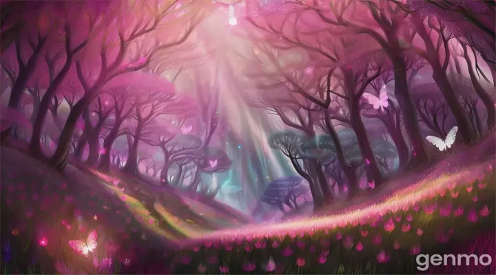  creation of a sparkling forest with pink sparkling fairies  called sparkle flickers with pink shimmering wings lived with pink sparkling butterflies surrounded it .16:9