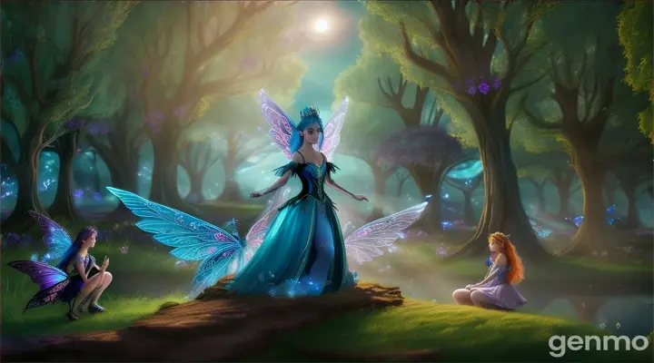 sky blue  fairy Queen Luna  with shimmering wings gathered all the fairies and decided to help Sparkle. They cast a powerful spell to track down Malakar and retrieve the magical flower