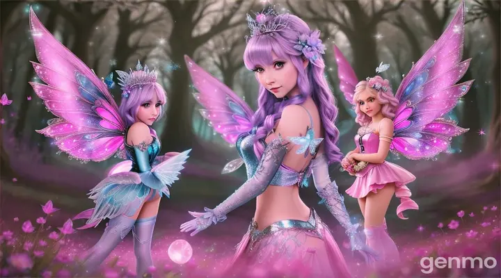 sky blue  fairy Queen Luna  with shimmering wings gathered all the pink  fairies  in pink sparkling forest and decided to help Sparkle. They cast a powerful spell to track down Malakar and retrieve the magical flower