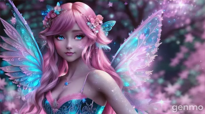 sky blue  fairy Queen Luna  with shimmering wings gathered all the pink  fairies  in pink sparkling forest and decided to help Sparkle. They cast a powerful spell to track down Malakar and retrieve the magical flower