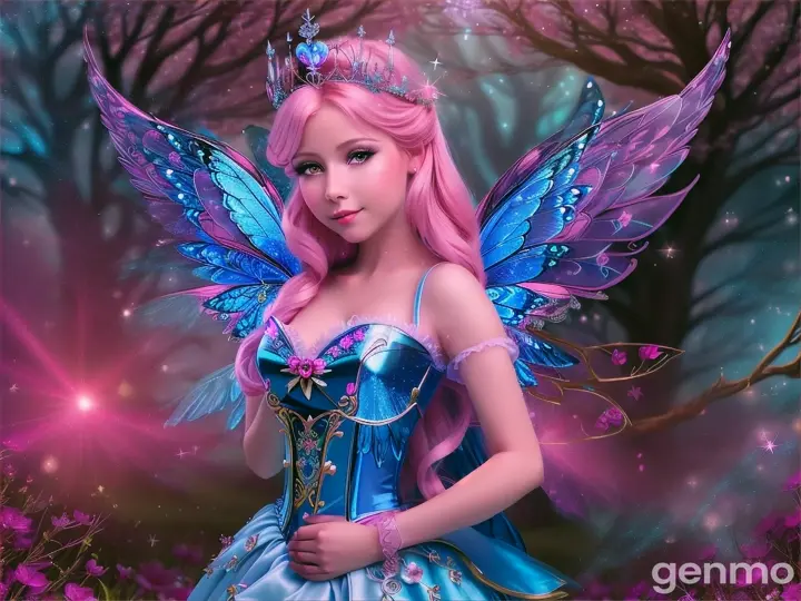 sky blue  fairy Queen Luna  with shimmering wings gathered all the pink  fairies  in pink sparkling forest and decided to help Sparkle. They cast a powerful spell to track down Malakar and retrieve the magical flower