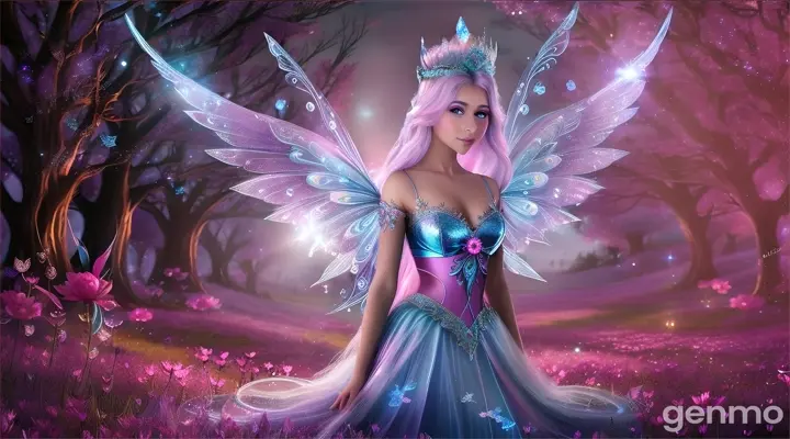 sky blue  fairy Queen Luna  with shimmering wings gathered all the pink  fairies  in pink sparkling forest and decided to help Sparkle. They cast a powerful spell to track down Malakar and retrieve the magical flower16:9