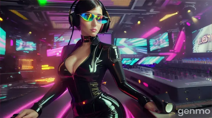 A slender woman with shapely hips and a larger bust than usual, wearing steampunk glasses, shiny headphones and a low-cut latex swimsuit, stands near a DJ mixing console and an electric piano in club. Minimal clothing. Laser beams of bright colors against the background of large television screens.