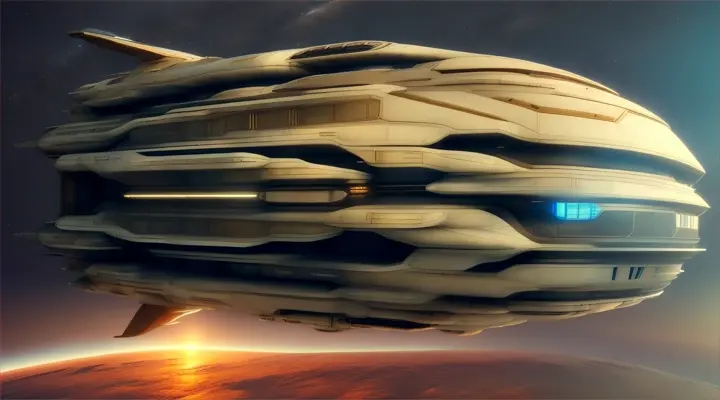 For a Dune-inspired flagships spaceship in space, design, we could think about a craft that balances elements of rugged, dark textures and intricate, futuristic technology. Very large ship

1. **Body Shape**:
 - **Hull**: extreme Long, sleek, and curved, with flowing lines. The large hull would have gentle slopes, with a flattened top and bottom to suggest a vessel meant for atmospheric and space travel.
 - **Material**: The exterior could appear to be made from a combination of-like textures and metallic elements, giving a weathered yet advanced look.

2. **Nose and Front Section**:
 - **Sharp yet Curved**: The nose would be tapered, with a pointed but slightly rounded end, Think of a balance between aerodynamic smoothness and predatory sharpness.


3. **Wings**:
 - **Modular and Retractable**: Wing-like structures extend from the mid-section of the ship. almost shield-like, with a textured pattern that suggests both armor and solar paneling. 
 - **Feathered Segments**: The wings might have segmented, feather-like modules that retract for space travel but can be deployed for atmospheric navigation, appearing almost organic in motion.