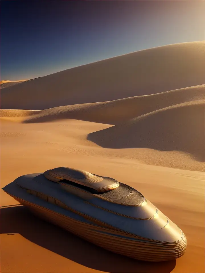 For a Dune-inspired flagships spaceship in space, design, we could think about a craft that balances elements of rugged, dark textures and intricate, futuristic technology. Very large ship

1. **Body Shape**:
 - **Hull**: extreme Long, sleek, and curved, with flowing lines. The large hull would have gentle slopes, with a flattened top and bottom to suggest a vessel meant for atmospheric and space travel.
 - **Material**: The exterior could appear to be made from a combination of-like textures and metallic elements, giving a weathered yet advanced look.

2. **Nose and Front Section**:
 - **Sharp yet Curved**: The nose would be tapered, with a pointed but slightly rounded end, Think of a balance between aerodynamic smoothness and predatory sharpness.


3. **Wings**:
 - **Modular and Retractable**: Wing-like structures extend from the mid-section of the ship. almost shield-like, with a textured pattern that suggests both armor and solar paneling. 
 - **Feathered Segments**: The wings might have segmented, feather-like modules that retract for space travel but can be deployed for atmospheric navigation, appearing almost organic in motion.