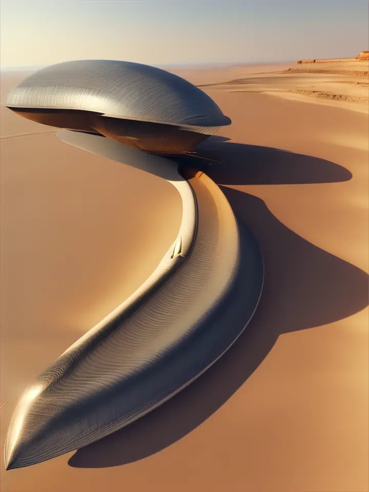 For a Dune-inspired flagships spaceship in space, design, we could think about a craft that balances elements of rugged, dark textures and intricate, futuristic technology. Very large ship

1. **Body Shape**:
 - **Hull**: extreme Long, sleek, and curved, with flowing lines. The large hull would have gentle slopes, with a flattened top and bottom to suggest a vessel meant for atmospheric and space travel.
 - **Material**: The exterior could appear to be made from a combination of-like textures and metallic elements, giving a weathered yet advanced look.

2. **Nose and Front Section**:
 - **Sharp yet Curved**: The nose would be tapered, with a pointed but slightly rounded end, Think of a balance between aerodynamic smoothness and predatory sharpness.


3. **Wings**:
 - **Modular and Retractable**: Wing-like structures extend from the mid-section of the ship. almost shield-like, with a textured pattern that suggests both armor and solar paneling. 
 - **Feathered Segments**: The wings might have segmented, feather-like modules that retract for space travel but can be deployed for atmospheric navigation, appearing almost organic in motion.