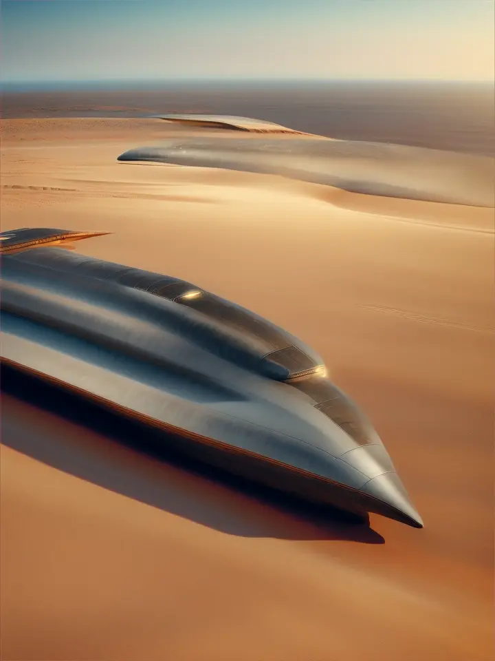 For a Dune-inspired flagships spaceship in space, design, we could think about a craft that balances elements of rugged, dark textures and intricate, futuristic technology. Very large ship

1. **Body Shape**:
 - **Hull**: extreme Long, sleek, and curved, with flowing lines. The large hull would have gentle slopes, with a flattened top and bottom to suggest a vessel meant for atmospheric and space travel.
 - **Material**: The exterior could appear to be made from a combination of-like textures and metallic elements, giving a weathered yet advanced look.

2. **Nose and Front Section**:
 - **Sharp yet Curved**: The nose would be tapered, with a pointed but slightly rounded end, Think of a balance between aerodynamic smoothness and predatory sharpness.


3. **Wings**:
 - **Modular and Retractable**: Wing-like structures extend from the mid-section of the ship. almost shield-like, with a textured pattern that suggests both armor and solar paneling. 
 - **Feathered Segments**: The wings might have segmented, feather-like modules that retract for space travel but can be deployed for atmospheric navigation, appearing almost organic in motion.