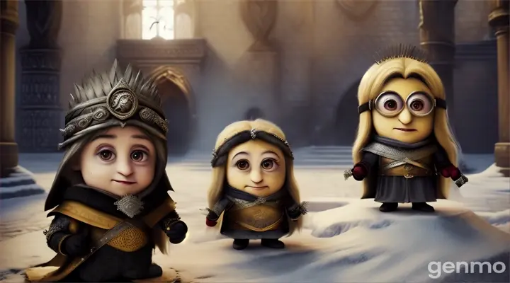 Minions usando roupas de game of thrones, estilo realista 