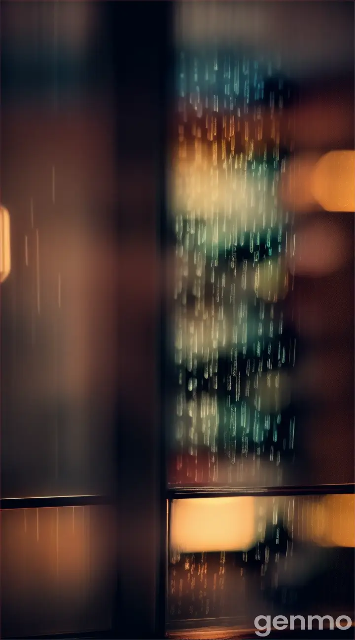 Raindrops slide down a window, blurring the city lights beyond. A cozy interior is accompanied by the patter of rain as someone sips a warm drink and contemplates the city below.