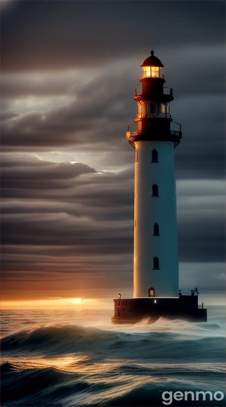 A lighthouse beacon illuminating a ghost ship emerging from a starlit misty ocean