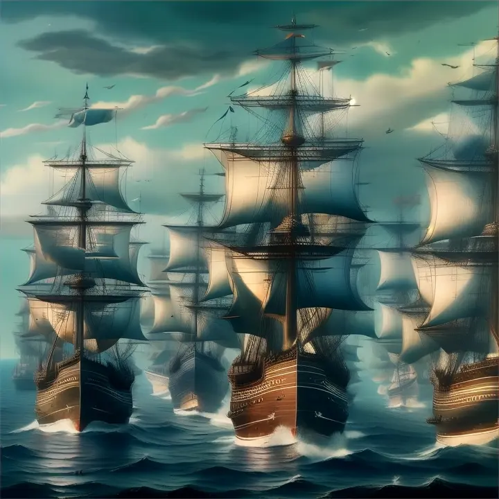 a painting of a fleet of ships in the ocean