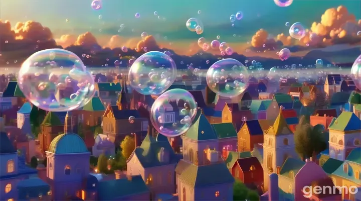 a city with lots of bubbles floating in the air